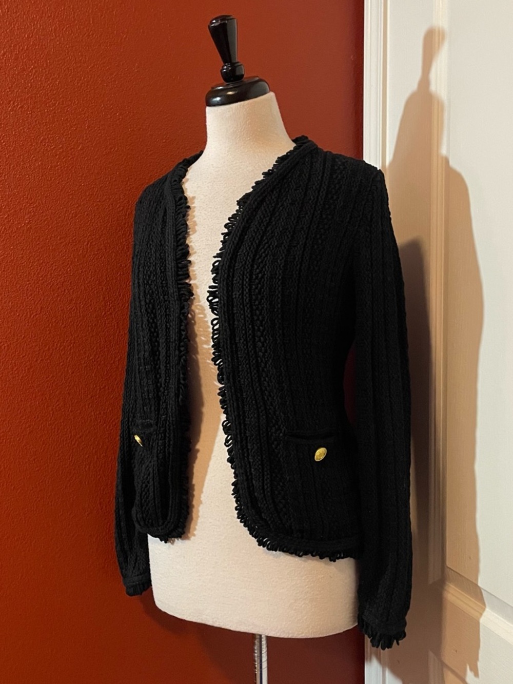 J Crew Women’s Open Front Black Open Knit Midweight Coastal Y2K Cardigan